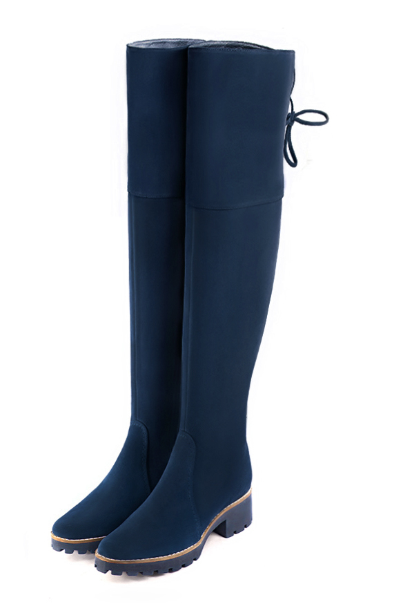 Navy blue women's leather thigh-high boots. Round toe. Low rubber soles. Made to measure - Florence KOOIJMAN